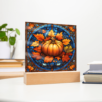 Stained Glass Pumpkin Acrylic Plaque – Elegant Thanksgiving Home Décor | Fall Harvest LED Light Display