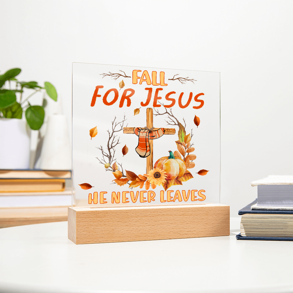 Fall for Jesus Acrylic Plaque – Christian Fall Décor with Cross and Pumpkins | Faith-Based LED Light Display Gift