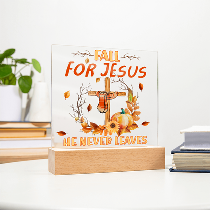Fall for Jesus Acrylic Plaque – Christian Fall Décor with Cross and Pumpkins | Faith-Based LED Light Display Gift