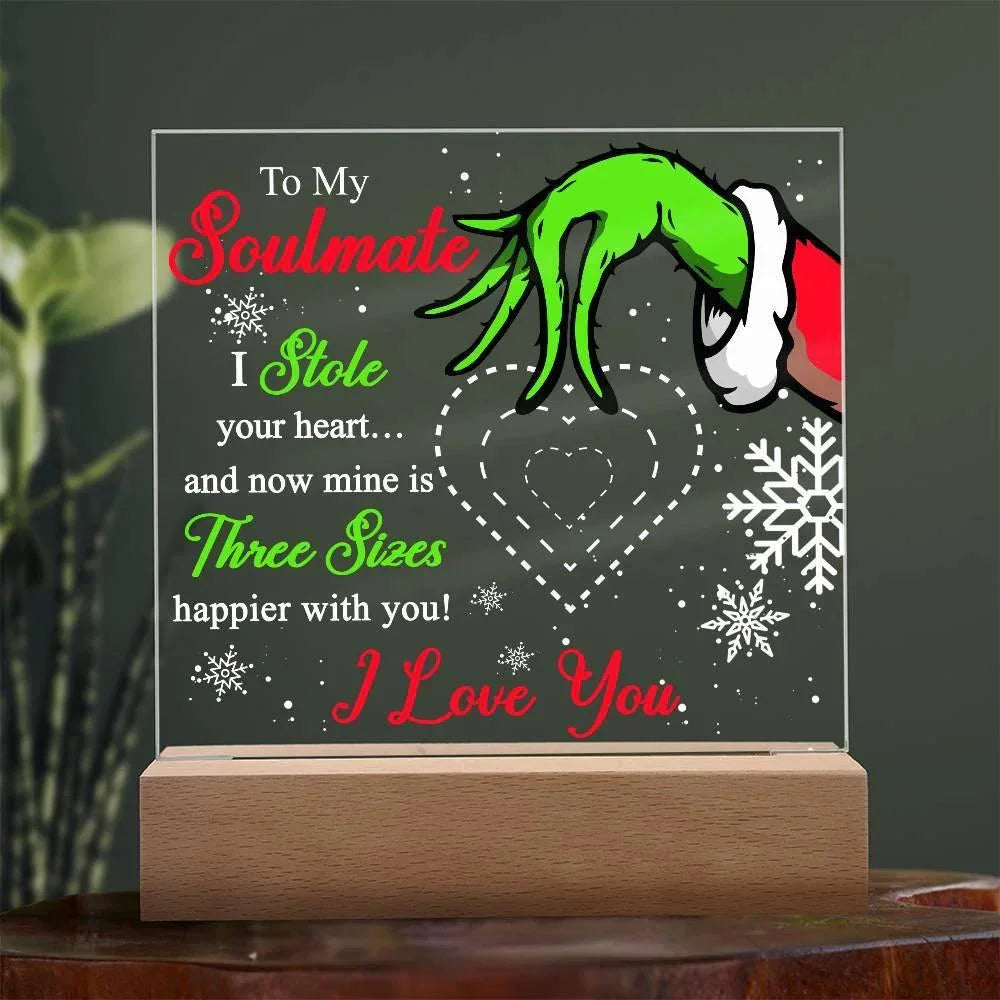 Soulmate Gift - Stole My Heart - Christmas Acrylic Plaque with Lighted LED Wooden Base