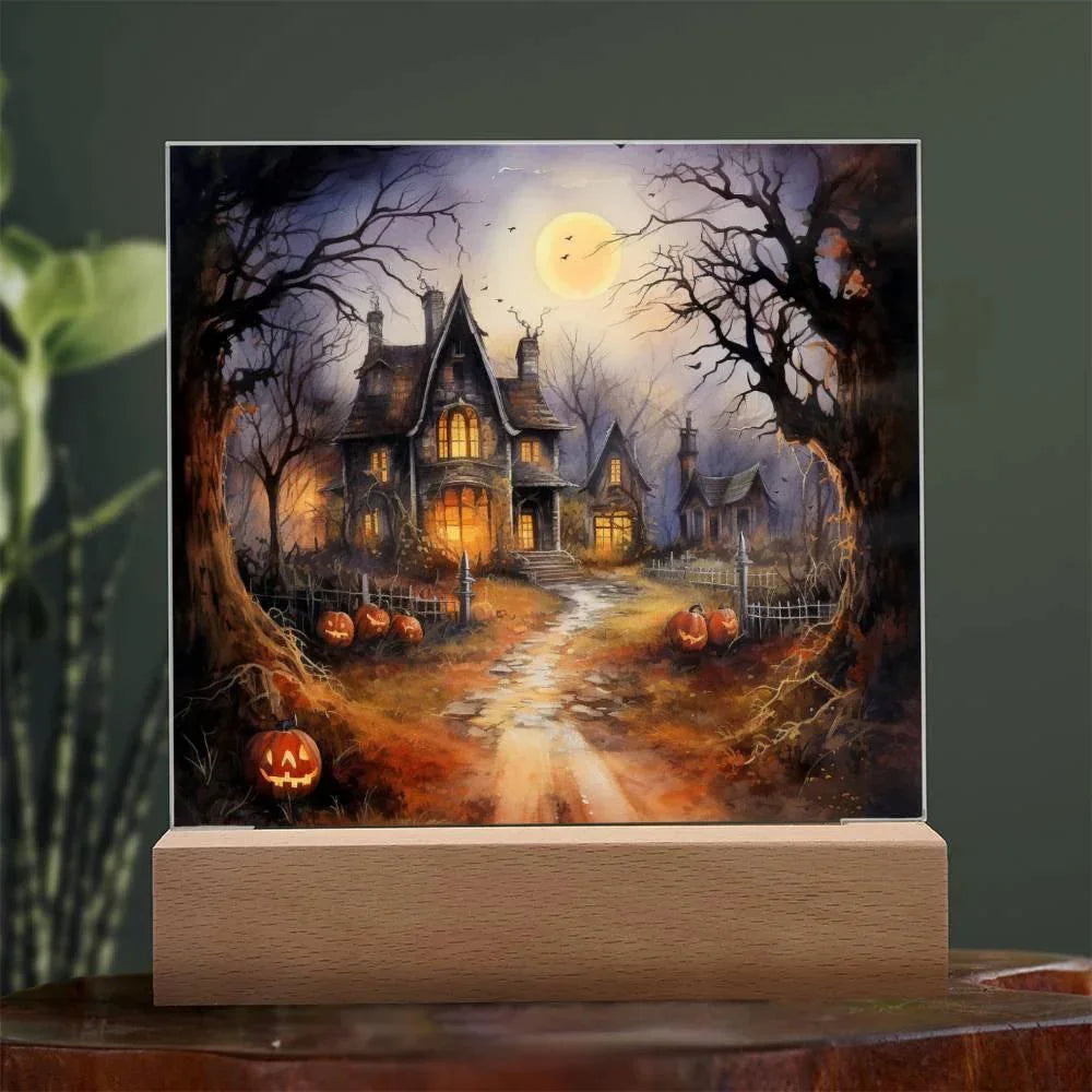 Ghostly Manor: Halloween Acrylic Square Plaque with LED Lighted Wooden Base
