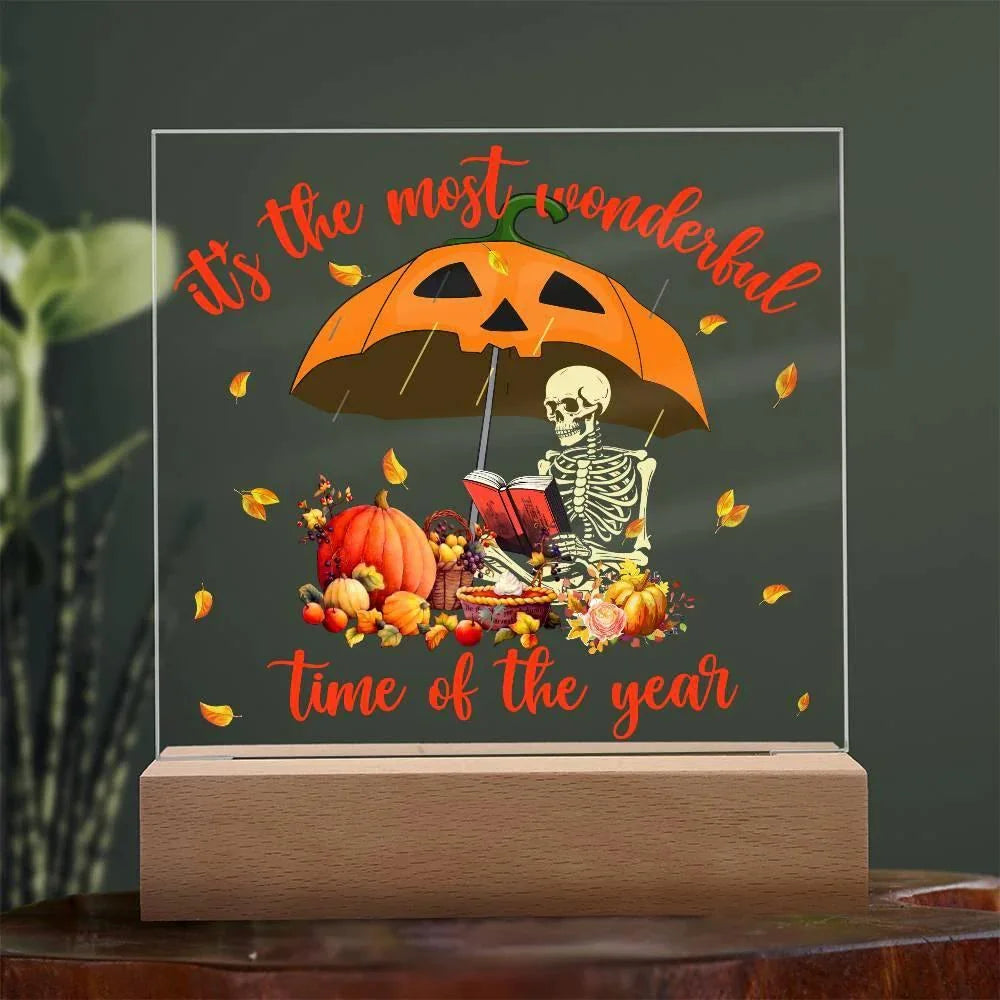 Halloween Decor - Most Wonderful Time of The Year Acrylic Square Plaque with LED Wooden Base