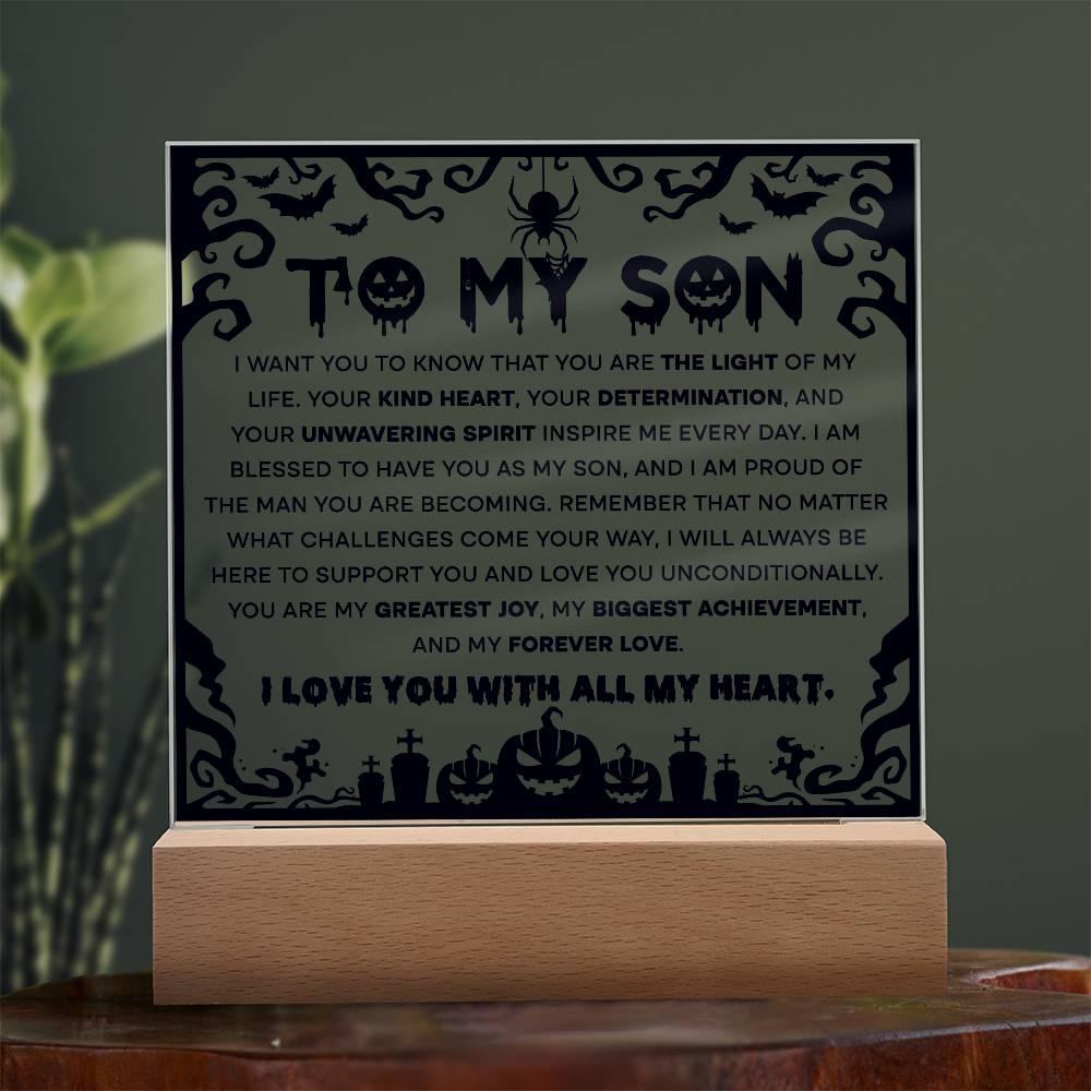 Son - Proudest Achievement - Halloween Acrylic Square Plaque with LED Wooden Base - Mallard Moon Gift Shop