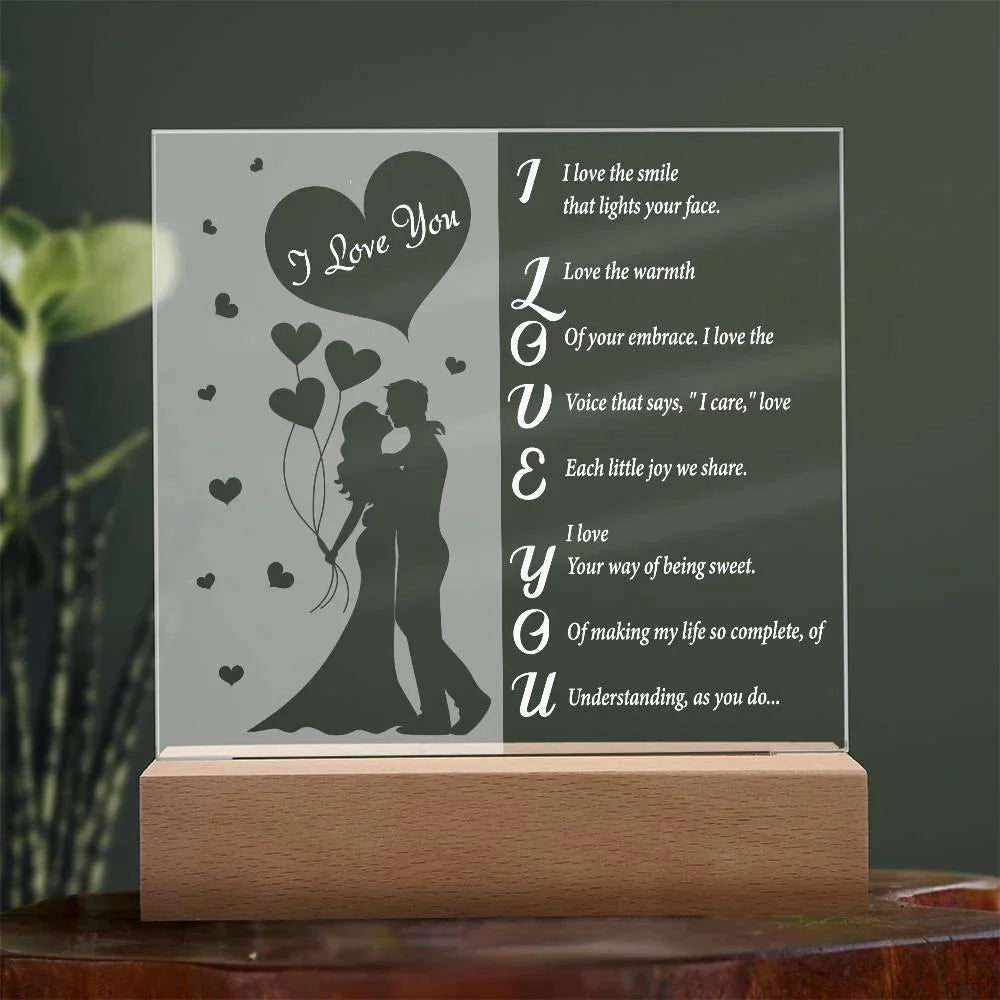I Love You - Romantic Acrylic LED Plaque – Heartfelt Gift for Wife, Husband, or Partner | Illuminated Poem Keepsake