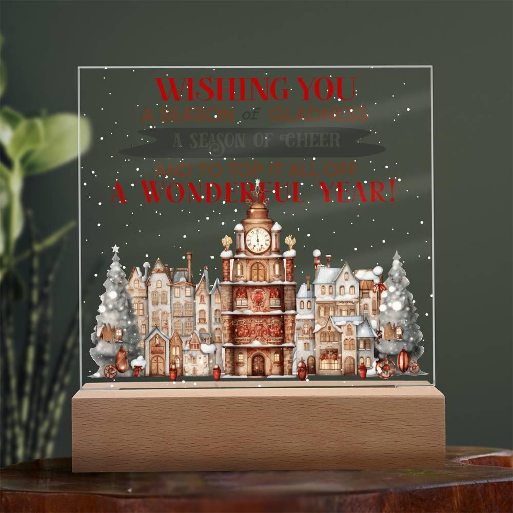 Wishing You a Season of Gladness Holiday Acrylic Plaque with Lighted LED Wooden Base - Mallard Moon Gift Shop