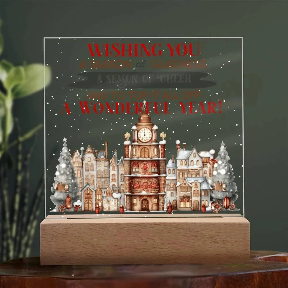 Wishing You a Season of Gladness Holiday Acrylic Plaque with Lighted LED Wooden Base