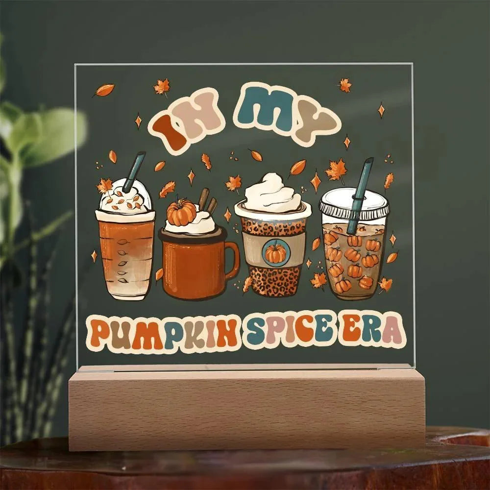 Pumpkin Spice Era Acrylic Square Plaque with LED Wooden Base