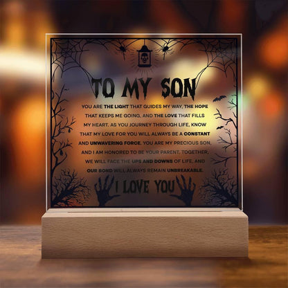 Son - Unwavering Force - Halloween Acrylic Square Plaque with LED Wooden Base - Mallard Moon Gift Shop
