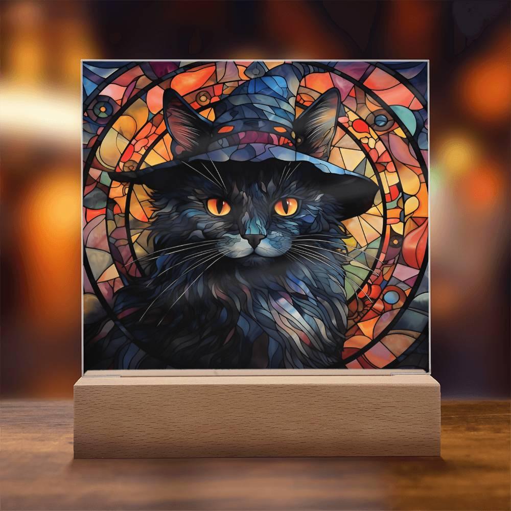 Halloween Decor - Spooky Black Cat Acrylic Square Plaque with LED Wooden Base - Mallard Moon Gift Shop