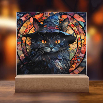 Halloween Decor - Spooky Black Cat Acrylic Square Plaque with LED Wooden Base - Mallard Moon Gift Shop