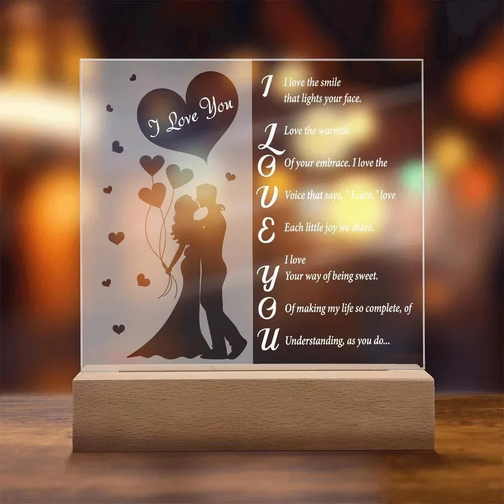 I Love You - Romantic Acrylic LED Plaque – Heartfelt Gift for Wife, Husband, or Partner | Illuminated Poem Keepsake