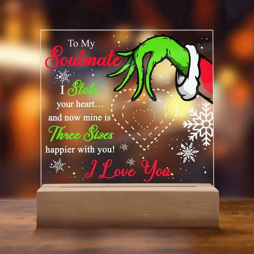 Soulmate Gift - Stole My Heart - Christmas Acrylic Plaque with Lighted LED Wooden Base