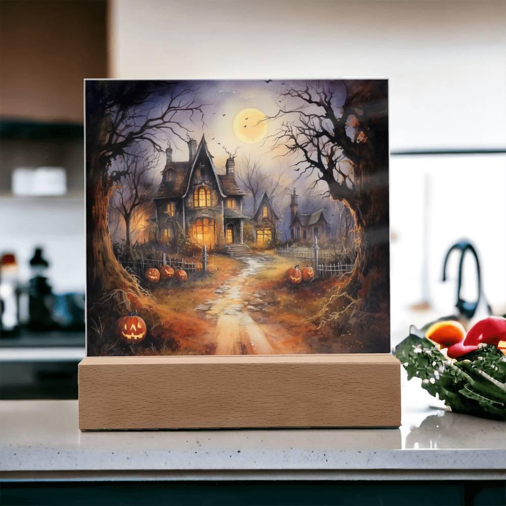 Ghostly Manor: Halloween Acrylic Square Plaque with LED Lighted Wooden Base - Mallard Moon Gift Shop