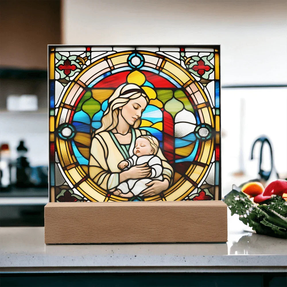 Forever Cradled Stained Glass Style LED Acrylic Plaque – A Touching Tribute for New Moms and Baby Celebrations