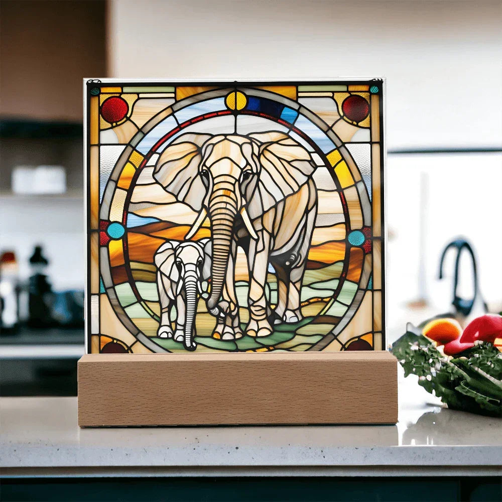 Elephant Mother and Baby Calf - Stained Glass Style LED Acrylic Plaque – A Symbol of Strength, Love, and Family