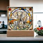 Elephant Mother and Baby Calf - Stained Glass Style LED Acrylic Plaque – A Symbol of Strength, Love, and Family