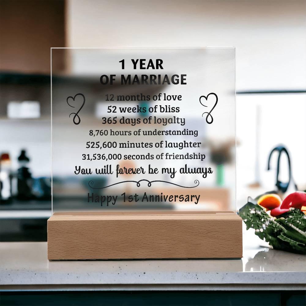 Anniversary Gift - One Year Of Marriage Acrylic Square Plaque with LED Wooden Base - Mallard Moon Gift Shop