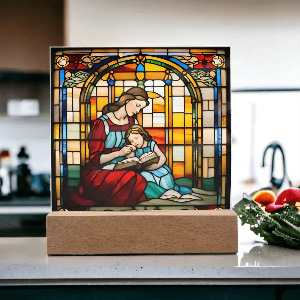 Mother and Child Reading Together Stained-Glass Style LED Acrylic Plaque – A Heartfelt Gift for Moms and Book-Loving Families