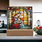 Mother and Child Reading Together Stained-Glass Style LED Acrylic Plaque – A Heartfelt Gift for Moms and Book-Loving Families