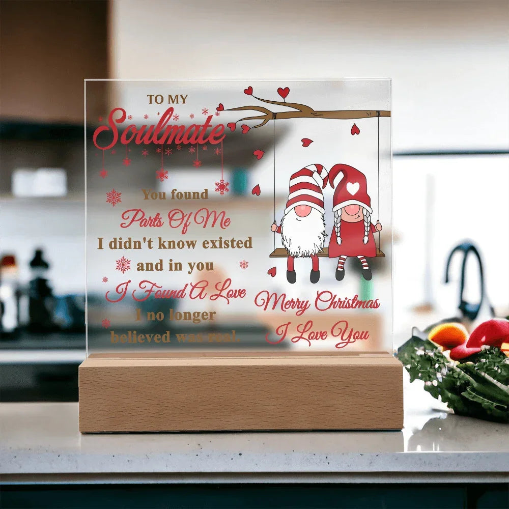 To My Soulmate Acrylic Plaque – Gnome Couple LED Light Gift | Romantic “I Found a Love” Christmas Keepsake