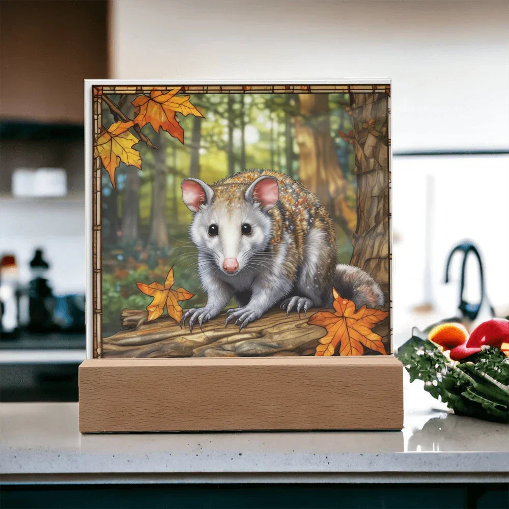 North American Opossum LED Acrylic Plaque – Autumn Forest Scene – Wooden Base (Battery or Corded)
