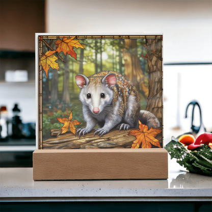 North American Opossum LED Acrylic Plaque – Autumn Forest Scene – Wooden Base (Battery or Corded) - Mallard Moon Gift Shop
