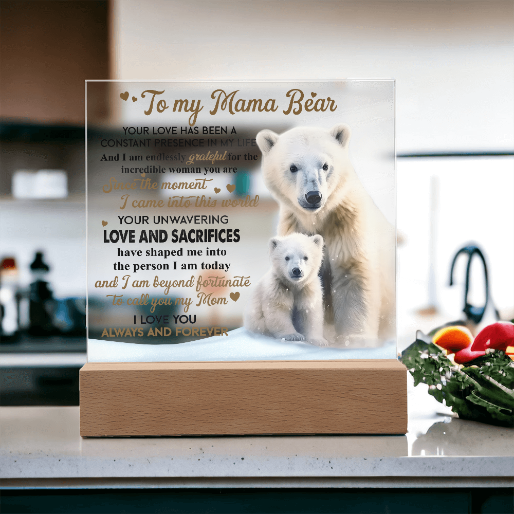 To My Mama Bear Acrylic Plaque – Polar Bear LED Light Gift | Heartfelt “Always and Forever” Keepsake for Mom
