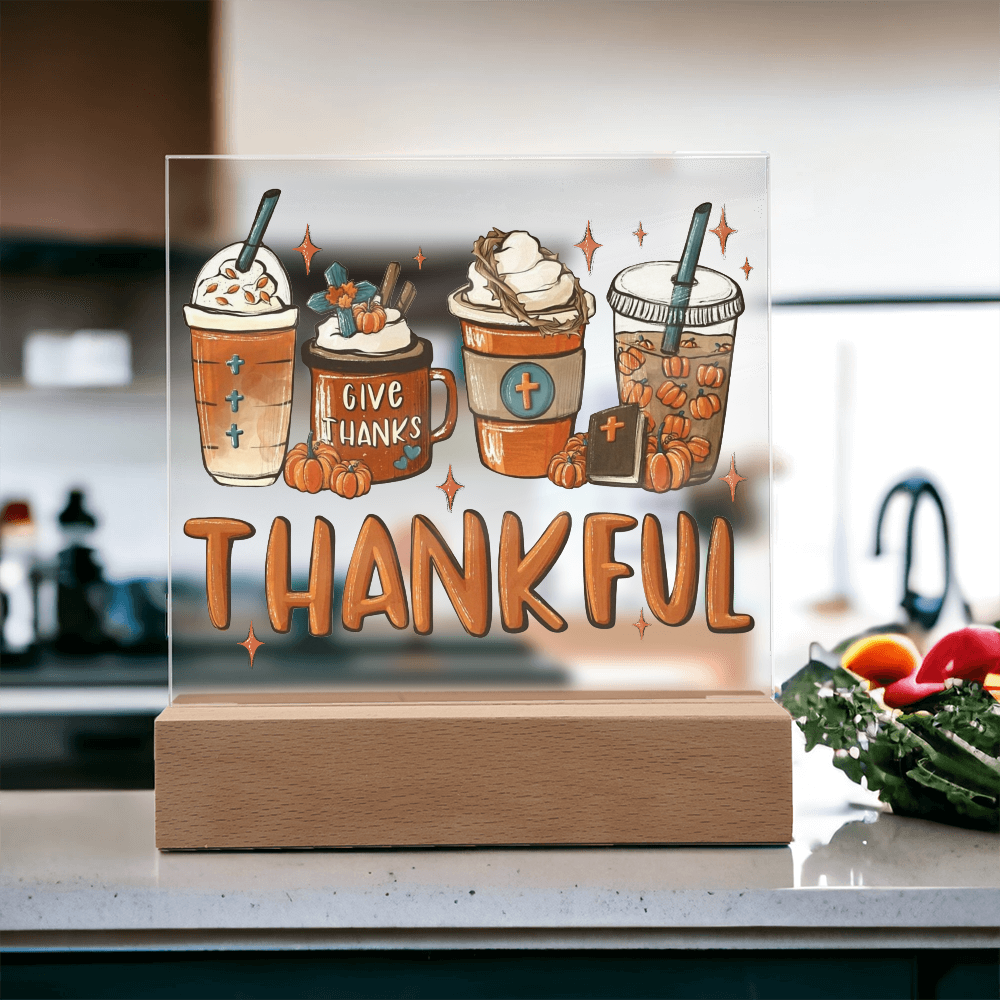Thankful Coffee Acrylic Plaque – Cozy Fall Décor Gift for Coffee Lovers | “Give Thanks” Autumn LED Light Display