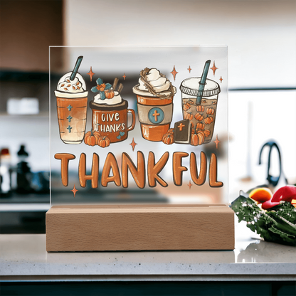 Thankful Coffee Acrylic Plaque – Cozy Fall Décor Gift for Coffee Lovers | “Give Thanks” Autumn LED Light Display