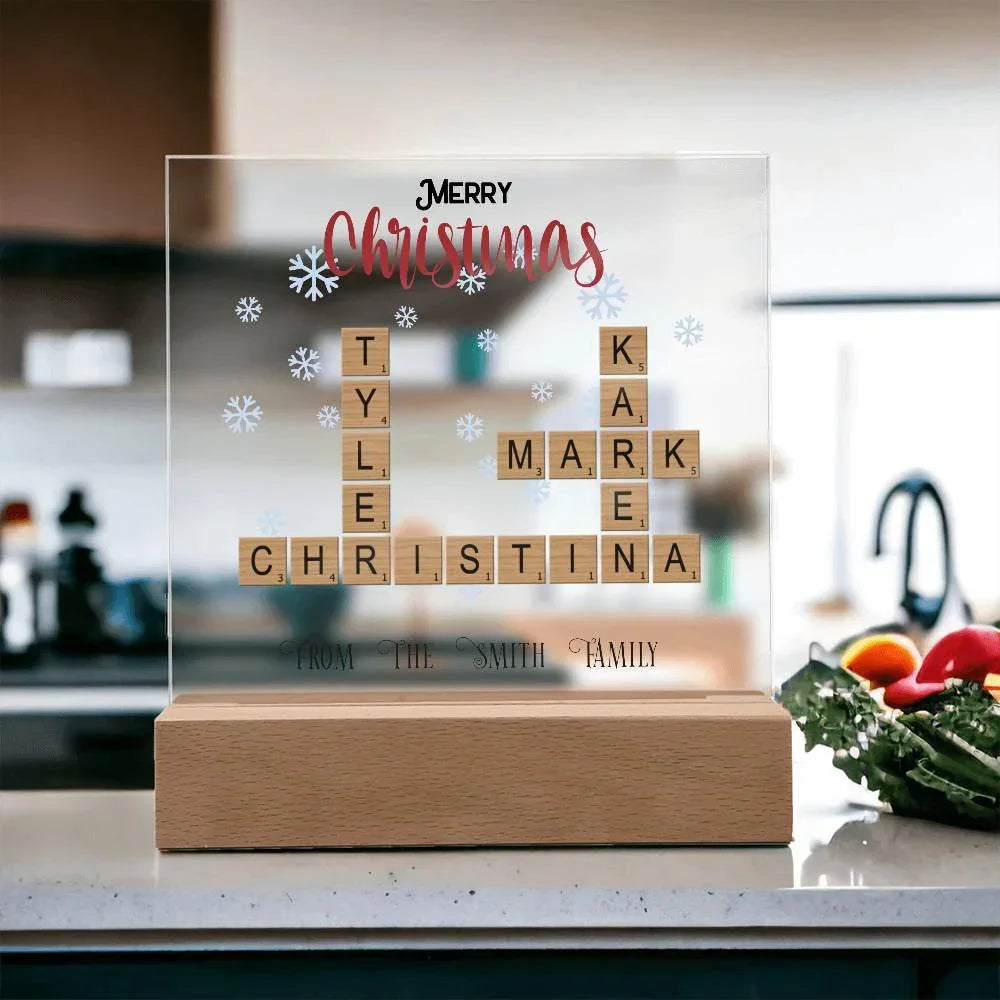 Personalized Crossword Puzzle Merry Christmas Acrylic Plaque with Lighted LED Wooden Base