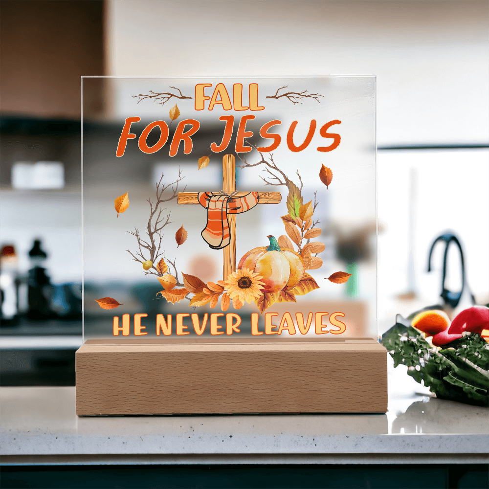 Fall for Jesus Acrylic Plaque – Christian Fall Décor with Cross and Pumpkins | Faith-Based LED Light Display Gift