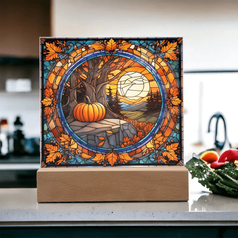 Stained Glass Autumn Pumpkin Sunset Acrylic Plaque – Fall Harvest Home Decor with LED Light Base | Thanksgiving Window Art Accent