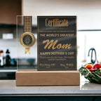 World's Greatest Mom Certificate LED Acrylic Plaque – Personalized Best Mom Award 2025 Mother's Day Gift