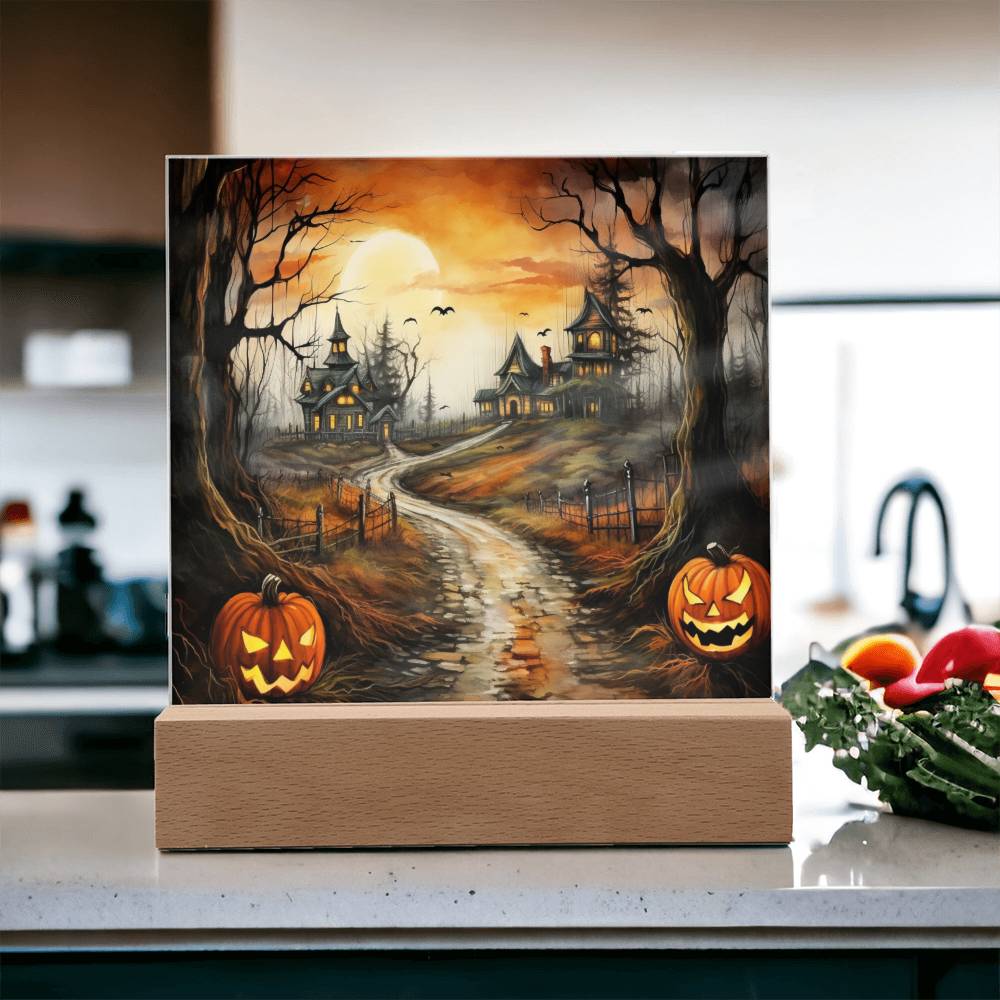 Twilight Terrace: Eerie Mansion Halloween Acrylic Plaque - Mallard Moon Gift Shop