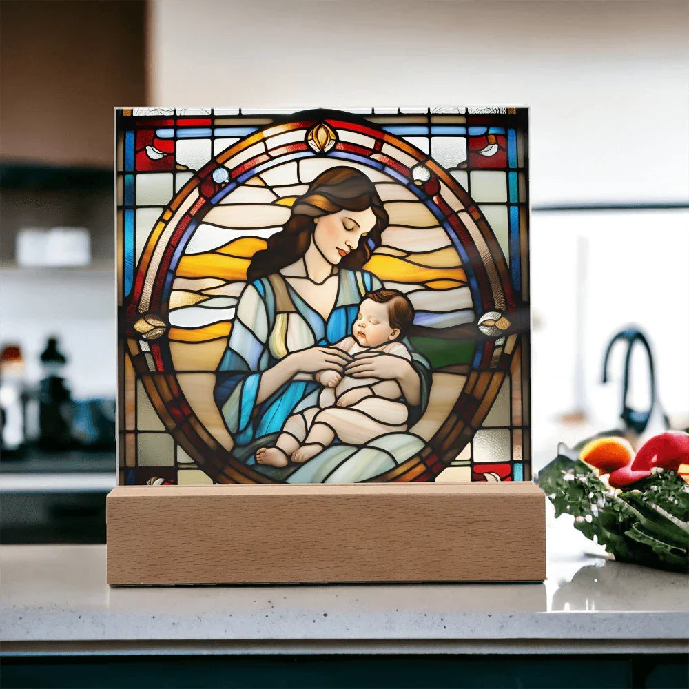 Brunette Mother and Baby - Stained Glass Style LED Acrylic Plaque – A Cherished Gift for Mother's Day or New Moms