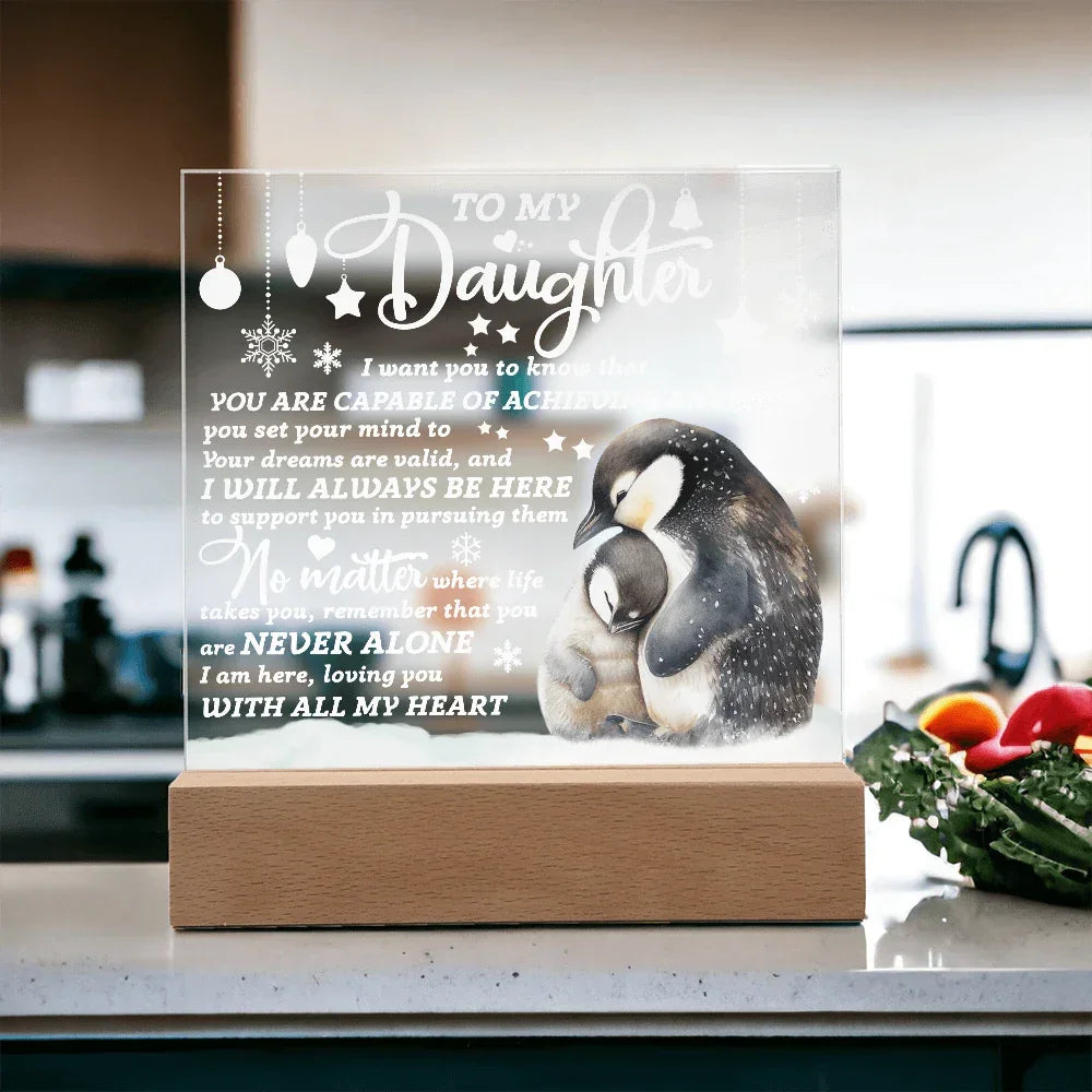 Daughter Penguin Acrylic Plaque – Heartfelt Christmas or Birthday Gift from Mom or Dad | “You Are Capable” LED Light Display