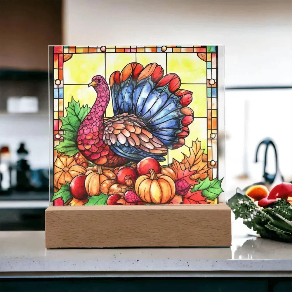 Thanksgiving Turkey Stained-glass Acrylic Square LED Lighted Wooden Base