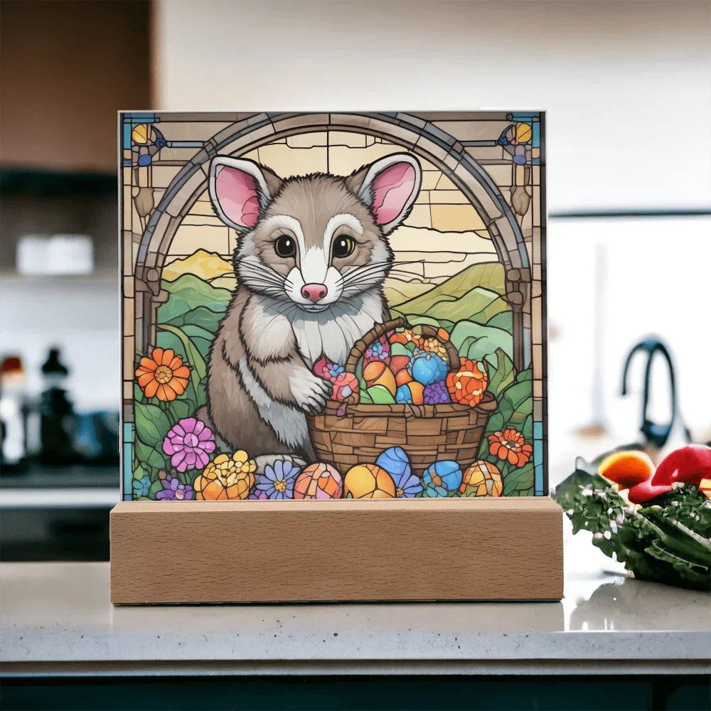Possum LED Acrylic Plaque, Night Light – Spring Flowers & Easter Egg Basket – Wooden Base (Battery or Corded)