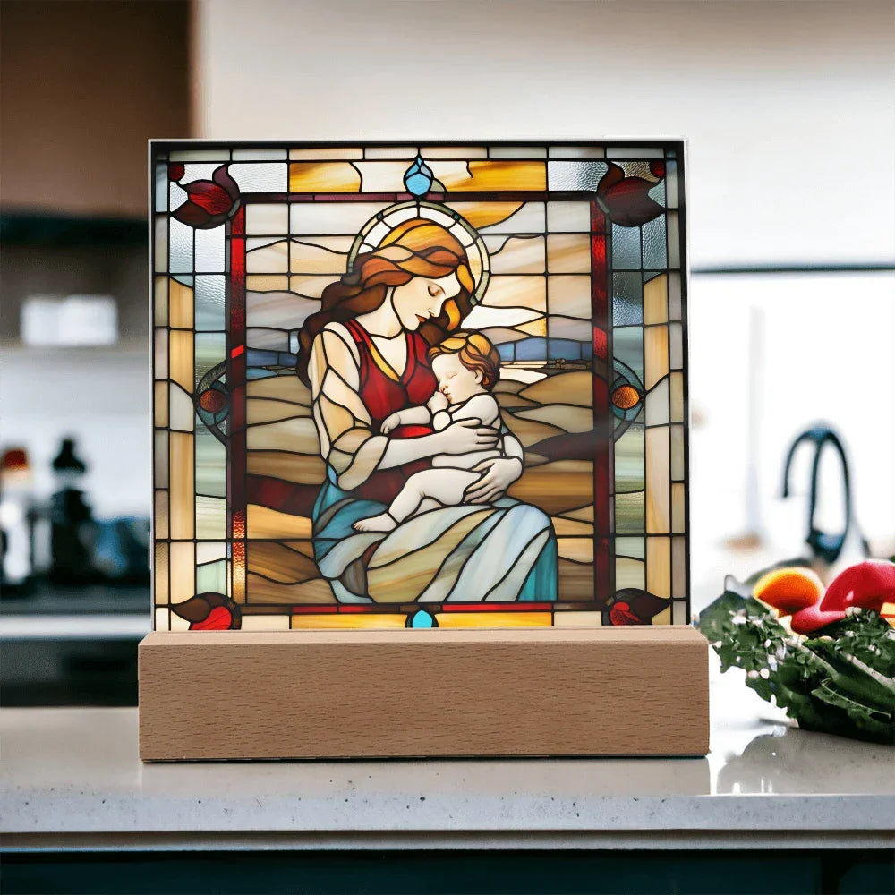 Redhead Mother and Baby - Stained Glass Style LED Acrylic Plaque – A Radiant Keepsake for New Moms and Mother's Day