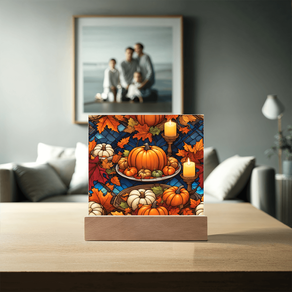 Stained Glass Pumpkin & Candle Acrylic Plaque – Thanksgiving Harvest Centerpiece | Fall Home Décor with LED Light Base