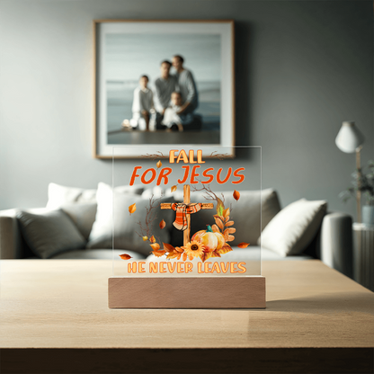 Fall for Jesus Acrylic Plaque – Christian Fall Décor with Cross and Pumpkins | Faith-Based LED Light Display Gift