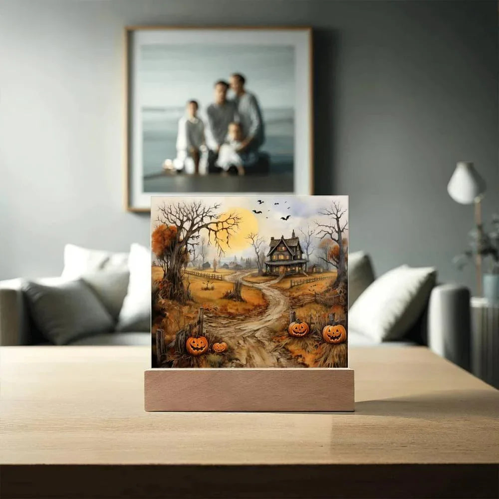 Haunted Elegance: Spooky Halloween Mansion Acrylic Square Plaque with LED Lighted Wooden Base