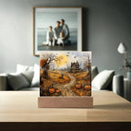 Haunted Elegance: Spooky Halloween Mansion Acrylic Square Plaque with LED Lighted Wooden Base
