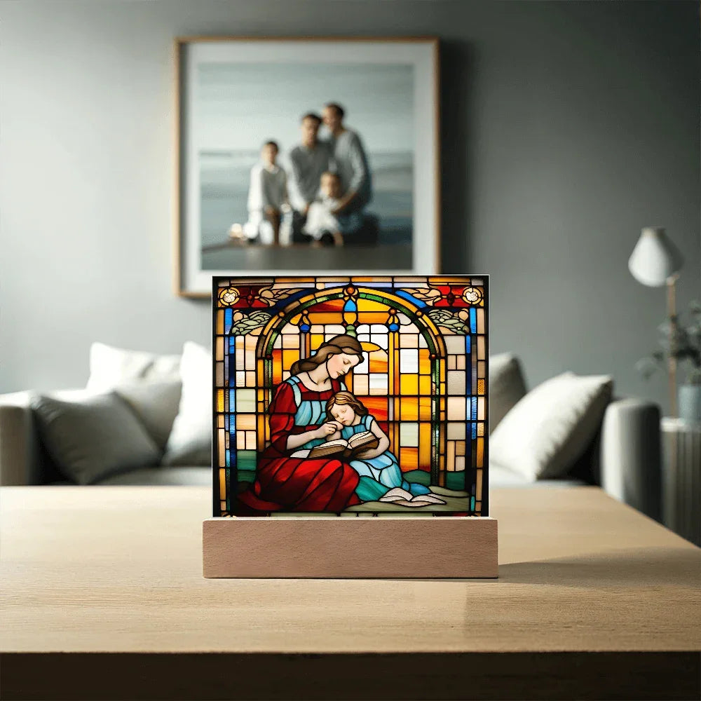 Mother and Child Reading Together Stained-Glass Style LED Acrylic Plaque – A Heartfelt Gift for Moms and Book-Loving Families