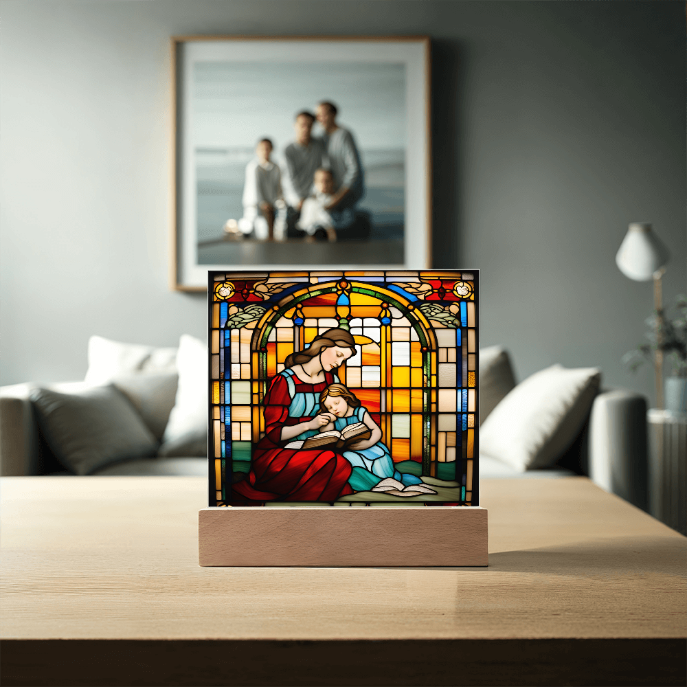 Mother and Child Reading Together Stained-Glass Style LED Acrylic Plaque – A Heartfelt Gift for Moms and Book-Loving Families - Mallard Moon Gift Shop