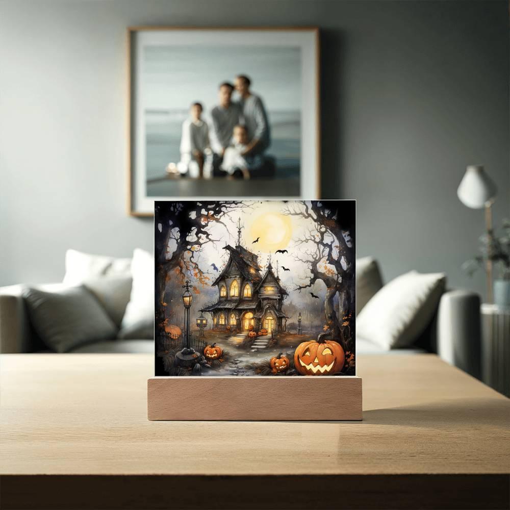 Chilling Manor: Haunted Halloween Mansion Acrylic Square Plaque with LED Lighted Wooden Base - Mallard Moon Gift Shop