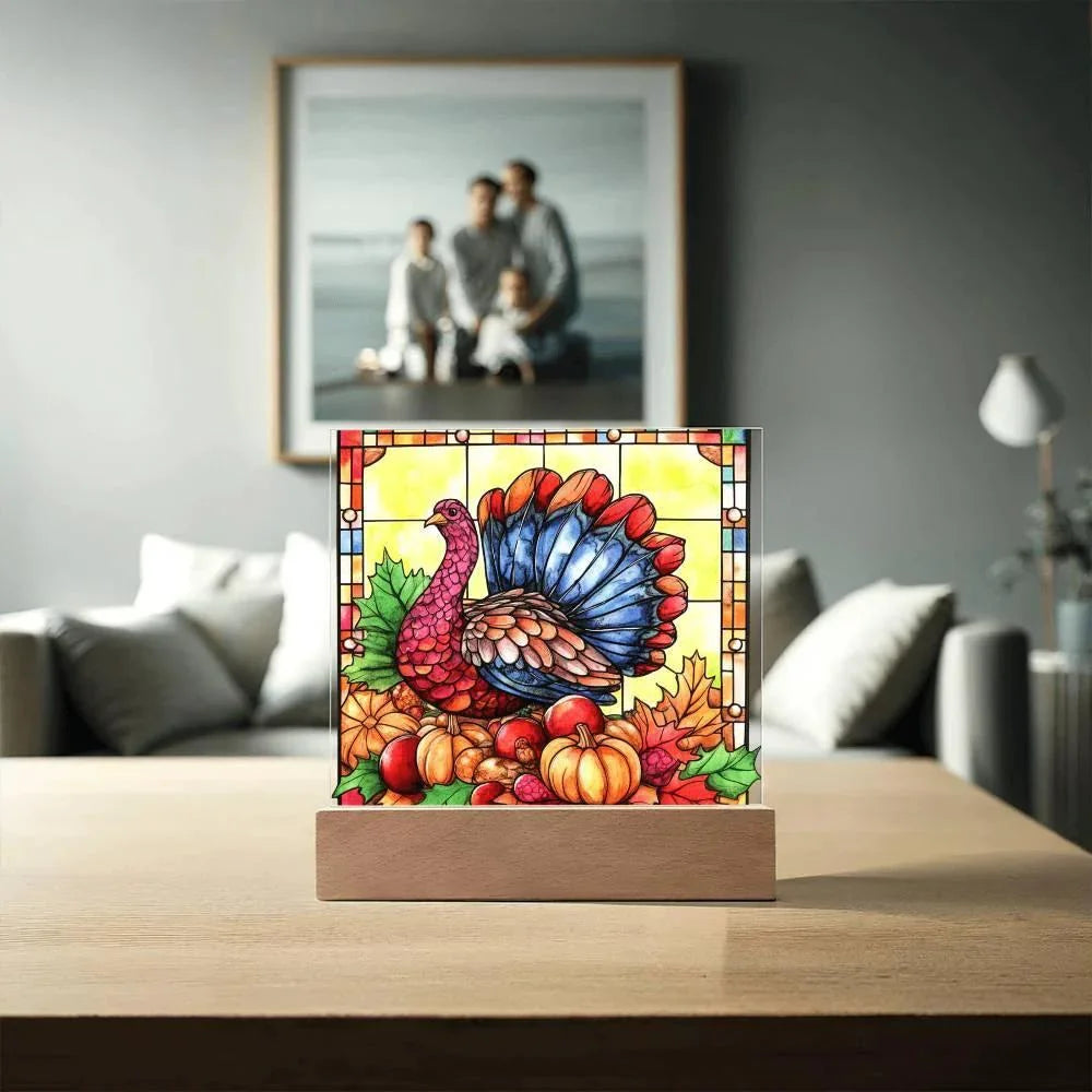 Thanksgiving Turkey Stained-glass Acrylic Square LED Lighted Wooden Base