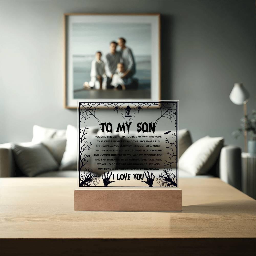 Son - Unwavering Force - Halloween Acrylic Square Plaque with LED Wooden Base - Mallard Moon Gift Shop
