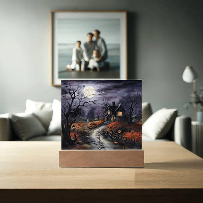 Bewitched Abode: The Ultimate Halloween Mansion Acrylic Plaque with Lighted LED Wooden Base - Mallard Moon Gift Shop