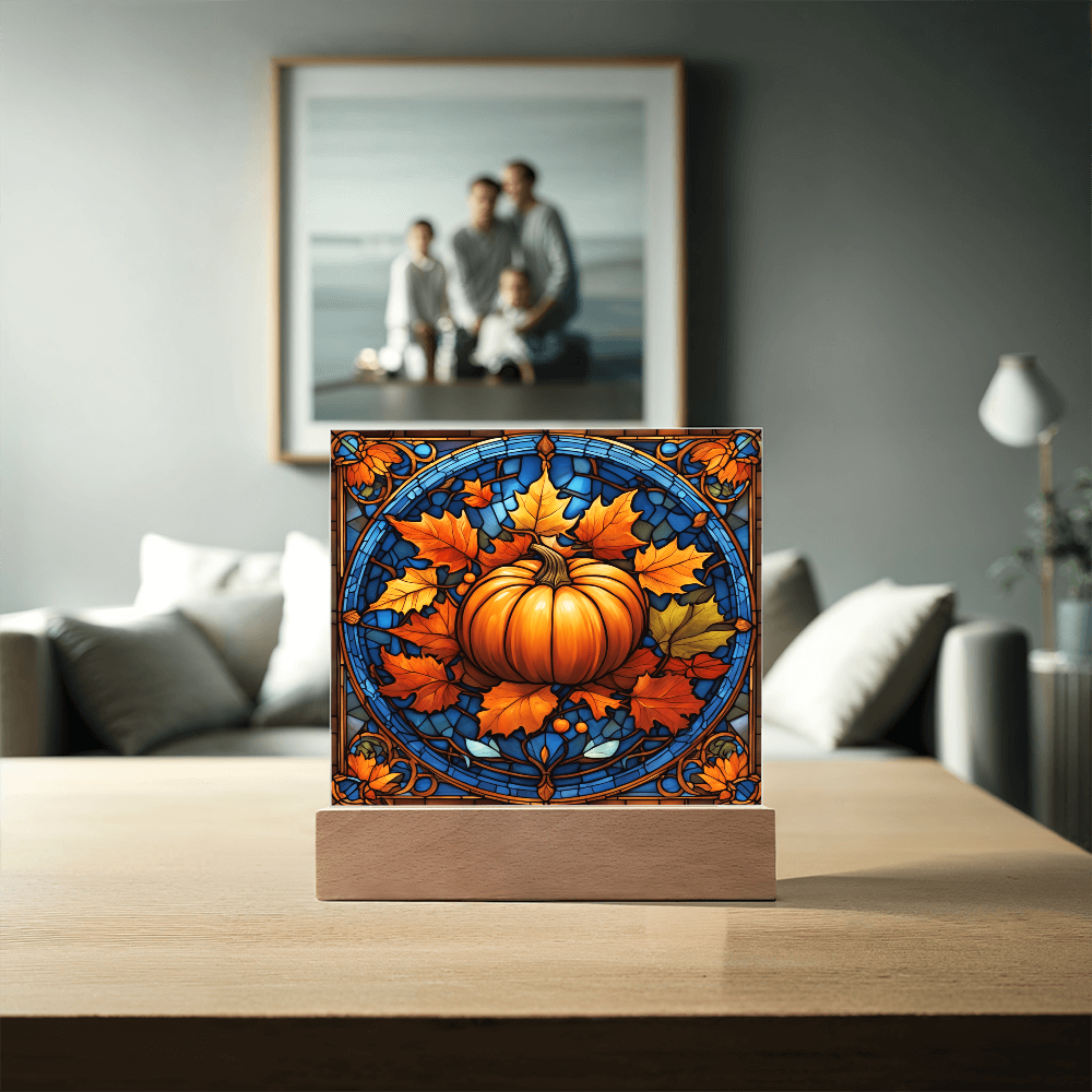 Stained Glass Pumpkin Acrylic Plaque – Elegant Thanksgiving Home Décor | Fall Harvest LED Light Display